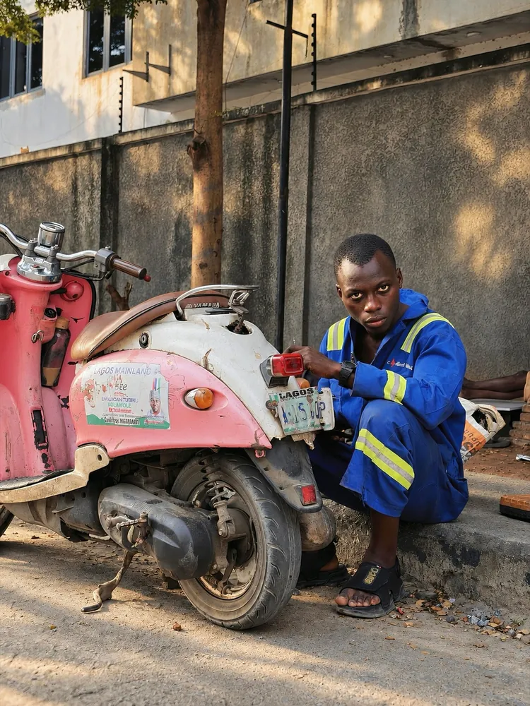 A young mechanic in blue overalls crouched beside a pink scooter on a Lagos street